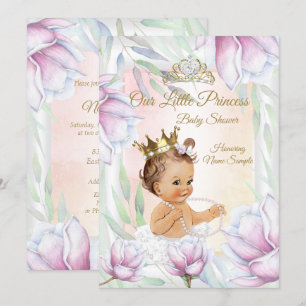Princess Baby Shower Pink Lilac Floral Brunette Invitation