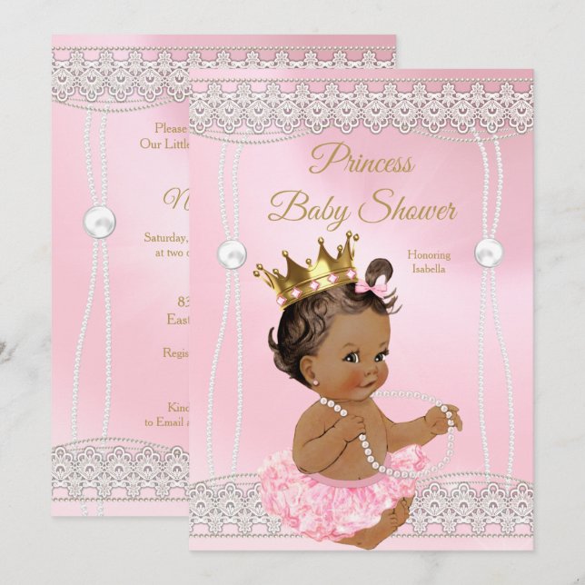 Princess Baby Shower Pink pearl lace brunette Invitation (Front/Back)