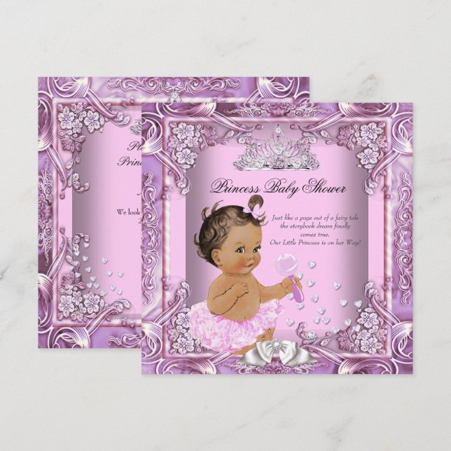 Princess Baby Shower Pink Purple Tutu Brunette Invitation (Front/Back)