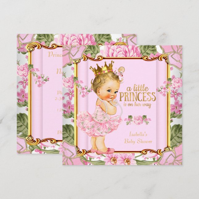 Princess Baby Shower Pink Rose Floral Blonde girl Invitation (Front/Back)