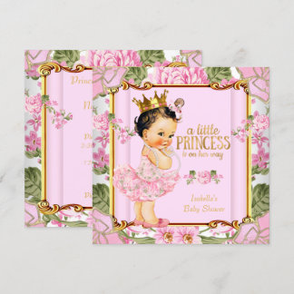 Princess Baby Shower Pink Rose Floral Brunette Invitation