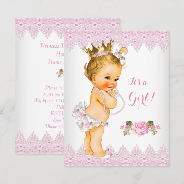 Princess Baby Shower Pink Rose Lace White Blonde Invitation (Front/Back)