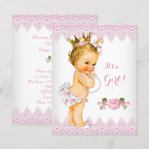 Princess Baby Shower Pink Rose Lace White Blonde Invitation