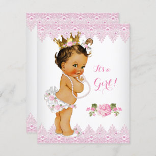 Princess Baby Shower Pink Rose Lace White Brunette Invitation