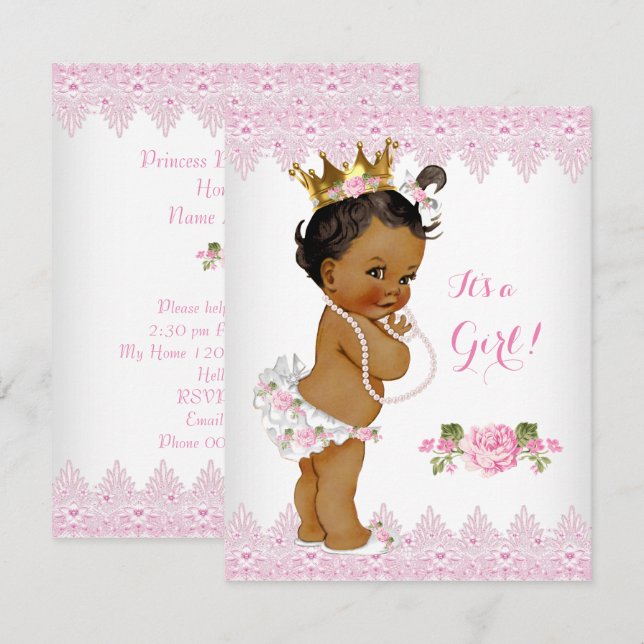 Princess Baby Shower Pink Rose Lace White Ethnic Invitation (Front/Back)