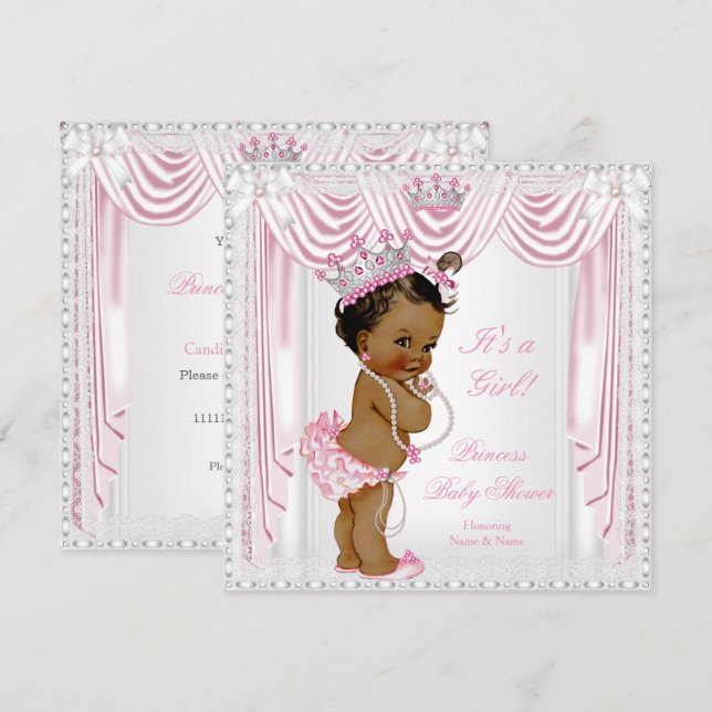 Princess Baby Shower Pink Satin Lace Dark Skin Invitation (Front/Back)