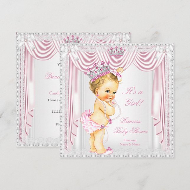 Princess Baby Shower Pink Satin Lace Light Skin Invitation (Front/Back)