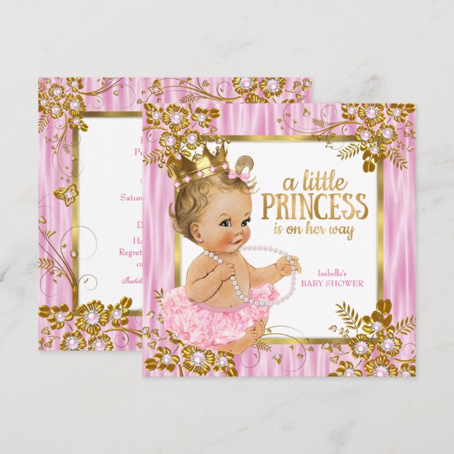 Princess Baby Shower Pink Silk Floral Blonde Invitation (Front/Back)