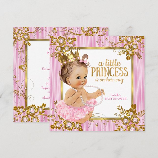 Princess Baby Shower Pink Silk Floral Brunette Invitation (Front/Back)