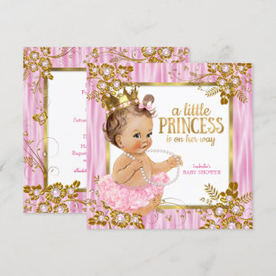 Princess Baby Shower Pink Silk Floral Brunette Invitation
