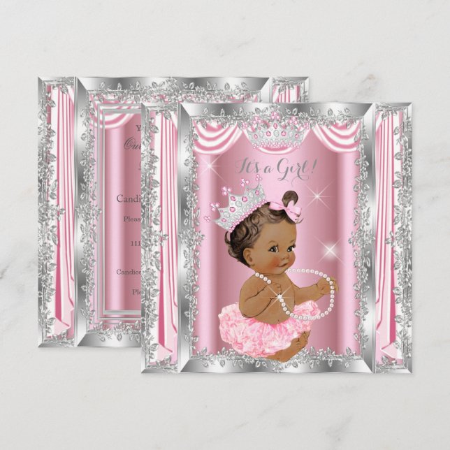 Princess Baby Shower Pink Silver Ballerina Dark Invitation (Front/Back)