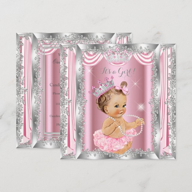 Princess Baby Shower Pink Silver Ballerina Light Invitation (Front/Back)