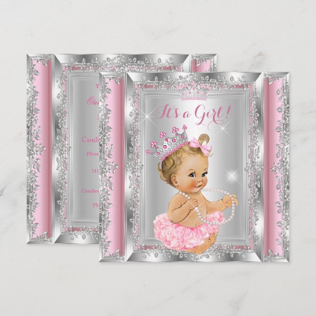 Princess Baby Shower Pink Silver Tutu Blonde Invitation (Front/Back)
