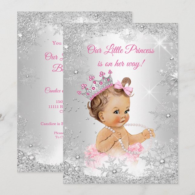 Princess Baby Shower Pink Silver Winter wonderland Invitation (Front/Back)