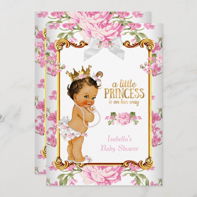 Princess Baby Shower Pink White Floral Brunette 2 Invitation (Front/Back)
