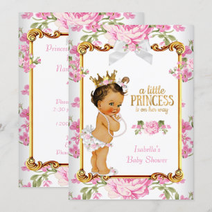 Princess Baby Shower Pink White Floral Brunette 2 Invitation
