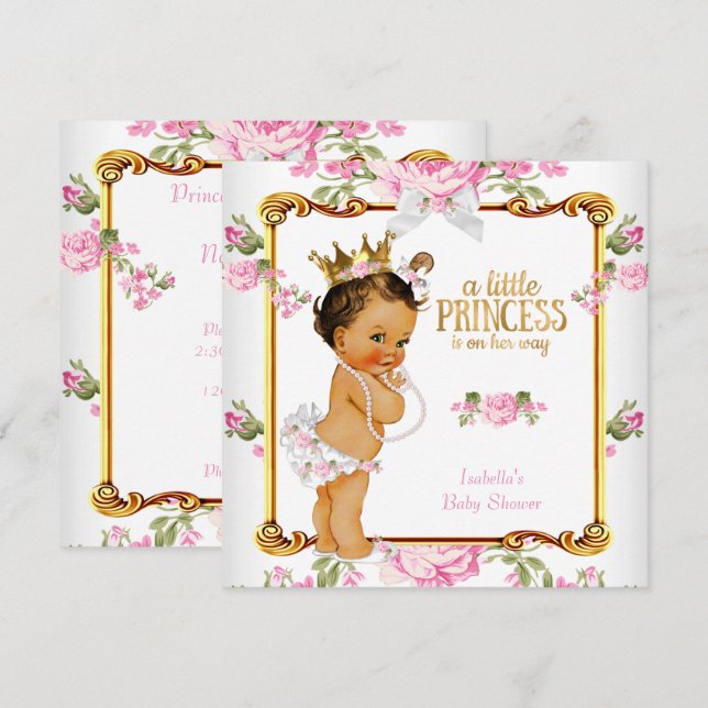 Princess Baby Shower Pink White Floral Brunette Invitation (Front/Back)