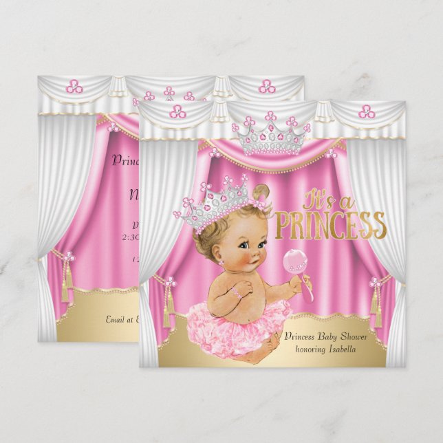 Princess Baby Shower Pink White Gem Gold Blonde Invitation (Front/Back)