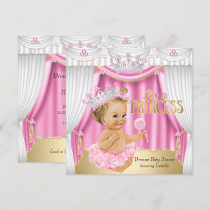 Princess Baby Shower Pink White Gem Gold Blonde Invitation