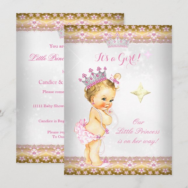 Princess Baby Shower Pink White Gold Tiara Blonde Invitation (Front/Back)