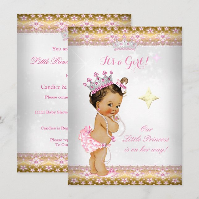 Princess Baby Shower Pink White Gold Tiara Brunett Invitation (Front/Back)