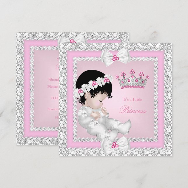 Princess Baby Shower Pink White Grey Damask B Invitation (Front/Back)