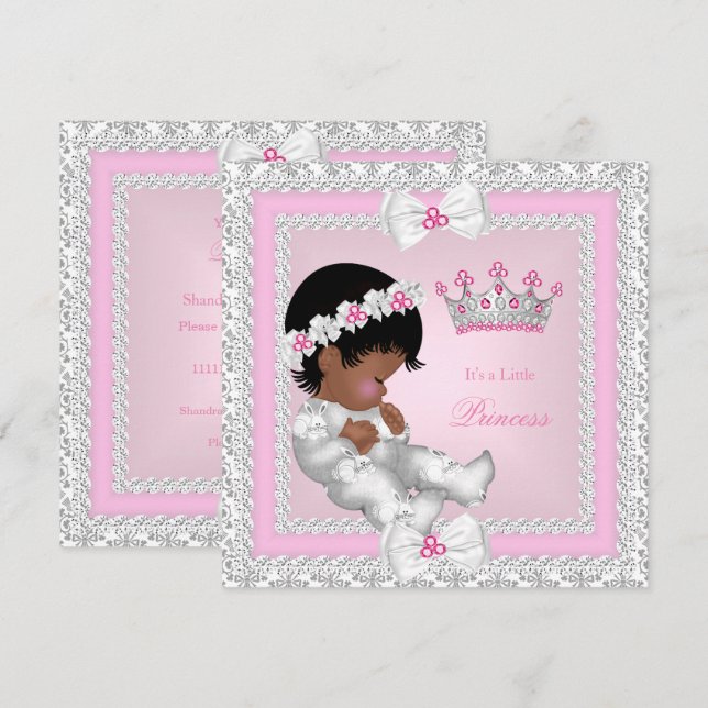 Princess Baby Shower Pink White Grey Damask Ethnic Invitation (Front/Back)
