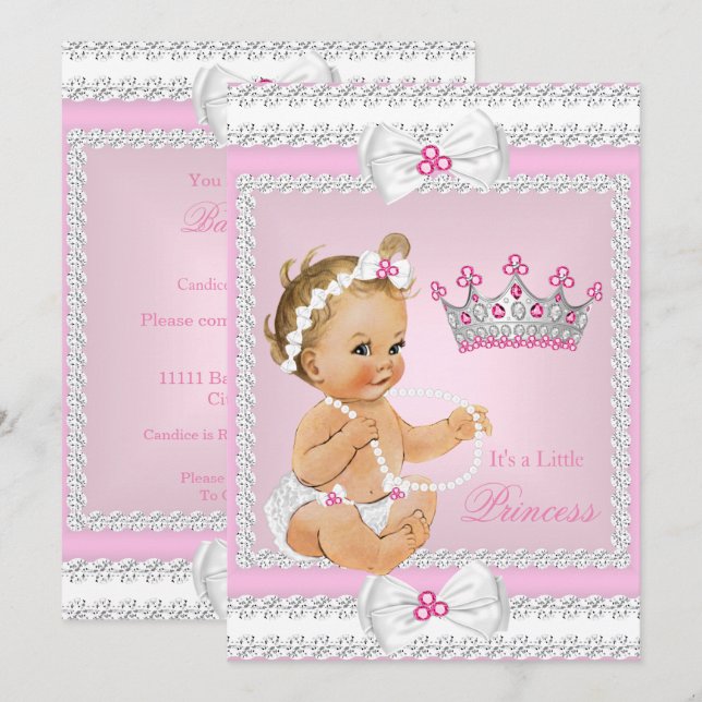 Princess Baby Shower Pink White Pearls Bows Blonde Invitation (Front/Back)