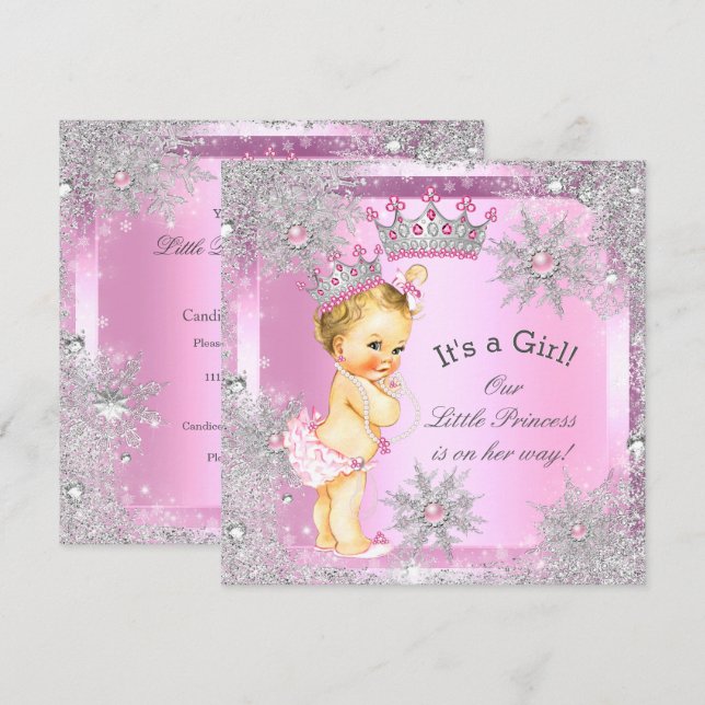 Princess Baby Shower Pink Winter Wonderland Blonde Invitation (Front/Back)