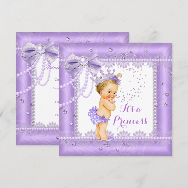 Princess Baby Shower Purple bow Lace Gem Blonde Invitation (Front/Back)