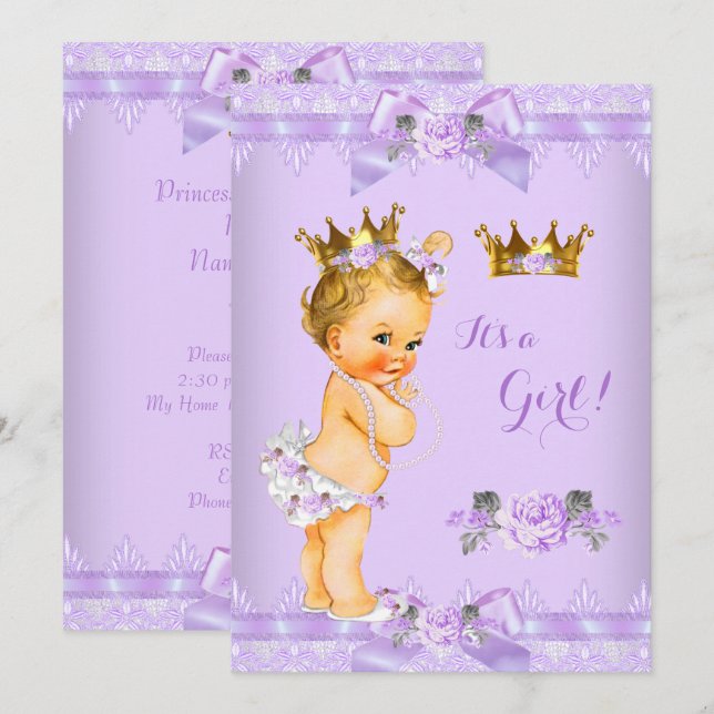 Princess Baby Shower Purple Rose Lace Blonde Girl Invitation (Front/Back)
