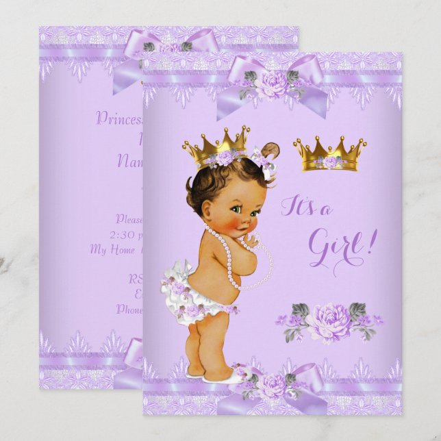 Princess Baby Shower Purple Rose Lace Brunette Invitation (Front/Back)