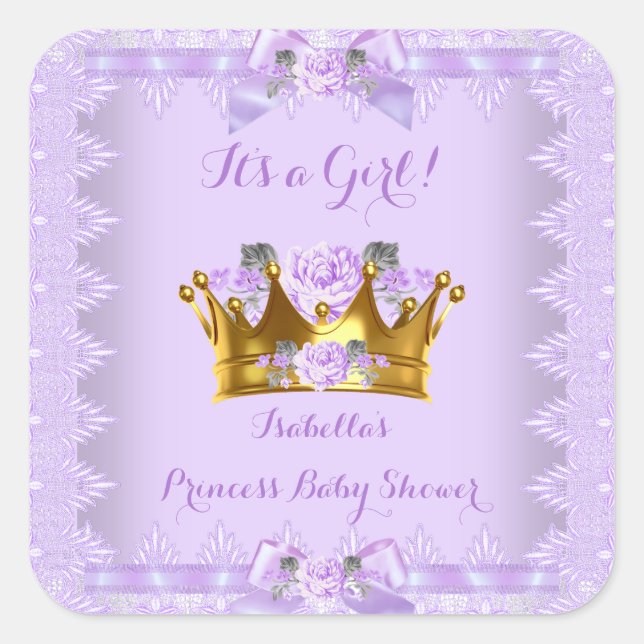 Princess Baby Shower Purple Rose Lavender Lace Square Sticker (Front)