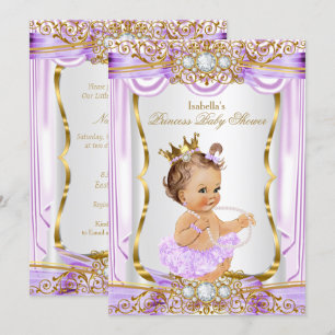 Princess Baby Shower Purple Silk Gold Brunette 2 Invitation