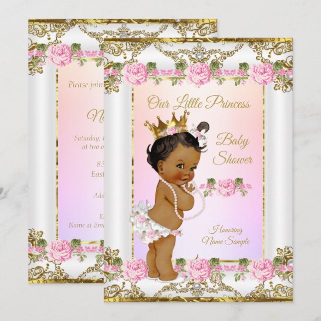 Princess Baby Shower Rose Pink Gold White Ethnic Invitation (Front/Back)