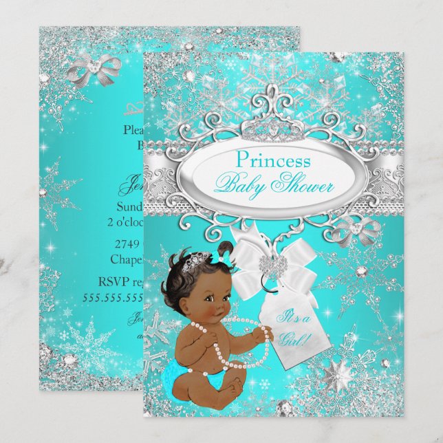 Princess Baby Shower Snowflakes Aqua Ethnic Invitation (Front/Back)
