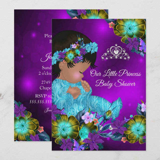 Princess Baby Shower Teal Blue Purple Girl Ethnic Invitation (Front/Back)