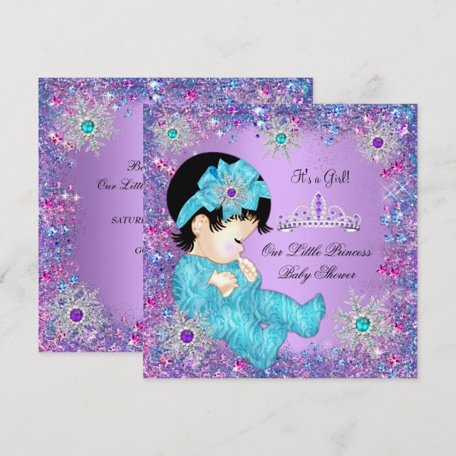 Princess Baby Shower Teal Blue Purple Pink Brunett Invitation (Front/Back)