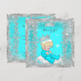 Princess Baby Shower Teal Blue Silver Blonde Invitation