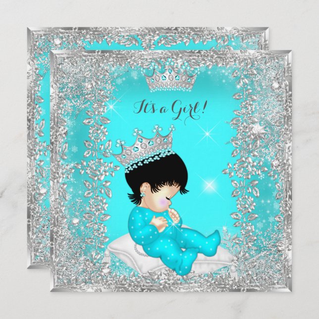 Princess Baby Shower Teal Blue Silver Brunette Invitation (Front/Back)