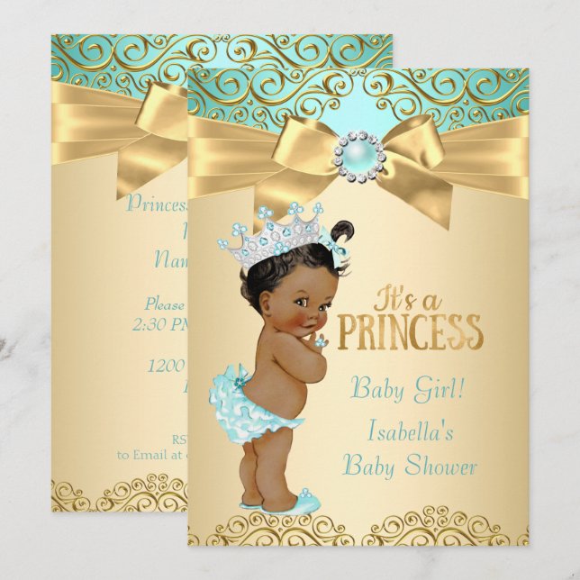 Princess Baby Shower Teal Gold Damask Ethnic Invitation (Front/Back)