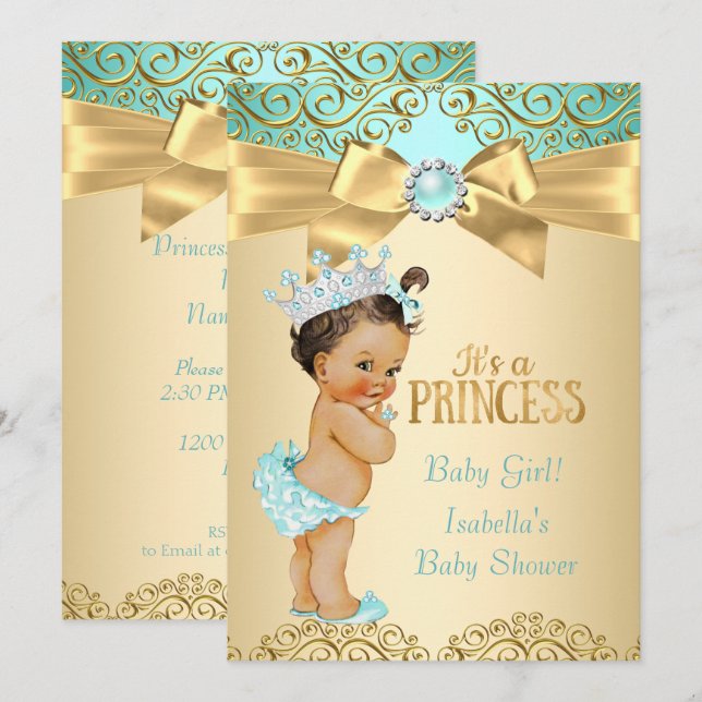 Princess Baby Shower Teal Gold Damask Invitation (Front/Back)