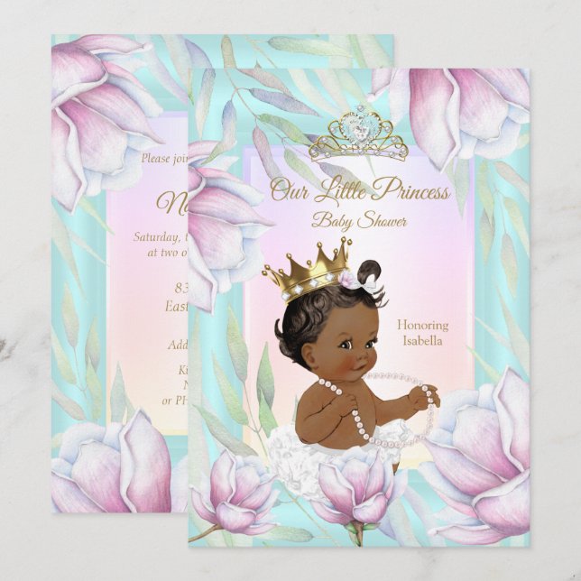 Princess Baby Shower Teal Pink Lilac Floral Ethnic Invitation (Front/Back)