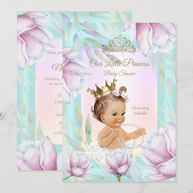 Princess Baby Shower Teal Pink Lilac Floral Invitation (Front/Back)