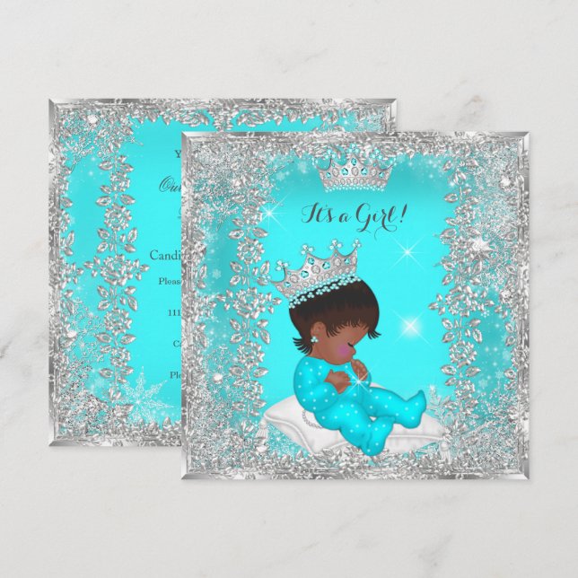 Princess Baby Shower Teal Silver African American Invitation (Front/Back)