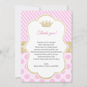 Princess Baby Shower Thank You Card Pink Gold