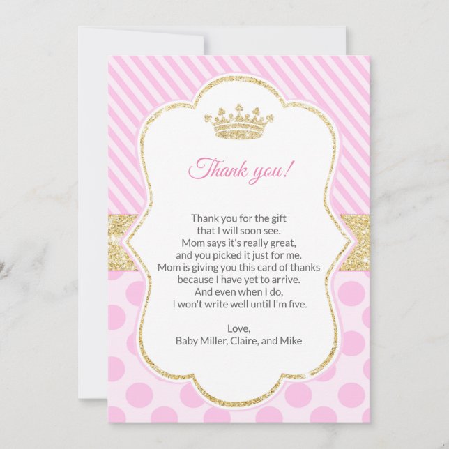 Princess Baby Shower Thank You Card Pink Gold (Front)