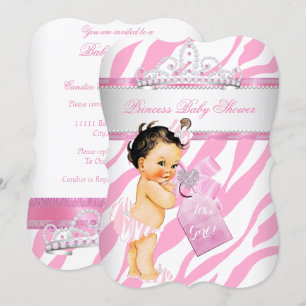 Princess Baby Shower Zebra Pink Brunette Girl Invitation