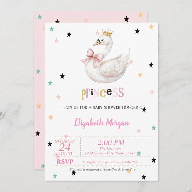 Princess Baby Swan, Stars Baby Shower Invitation (Front/Back)