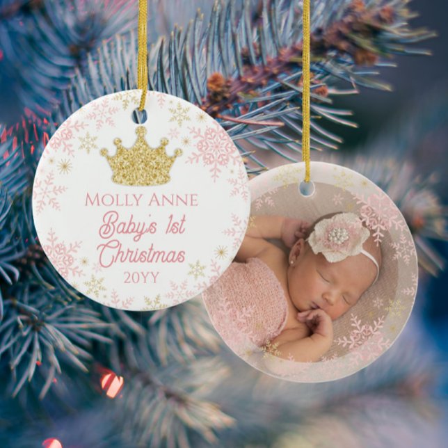 Princess Baby's 1st Christmas Pink & Gold Photo Ceramic Tree Decoration (Creator Uploaded)